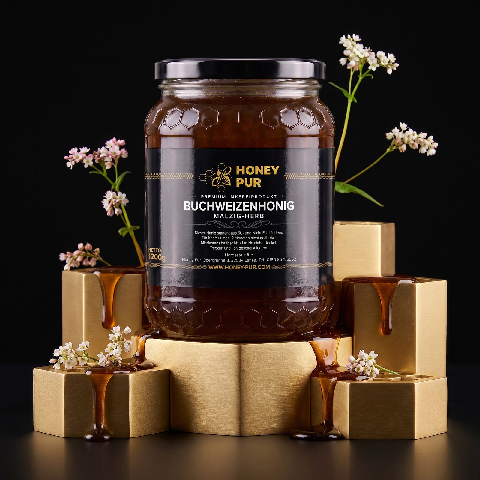 Echt Buchweizen-Honig im Honigglas 1,2 KG Bienenhonig Naturprodukt ohne Zusätze