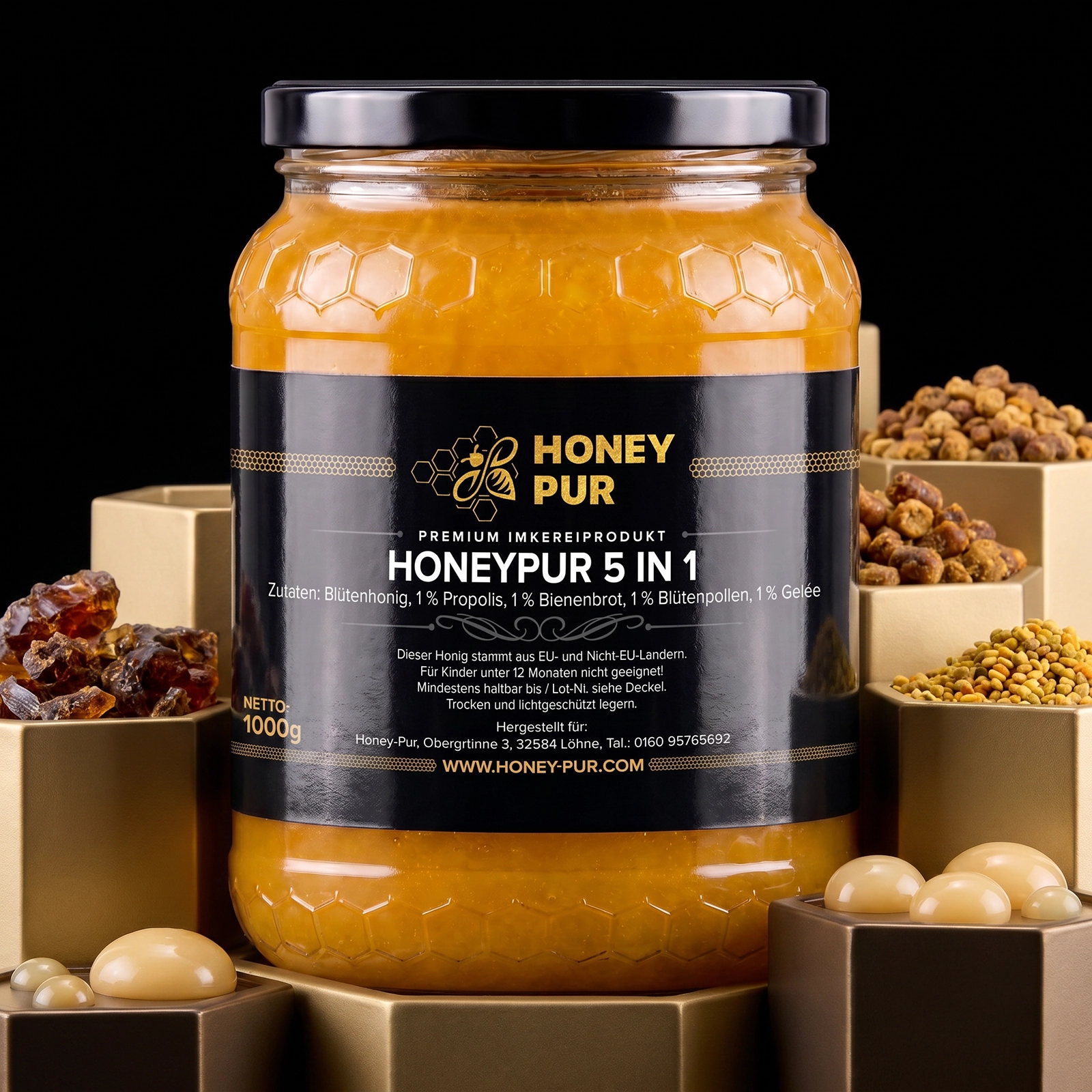 5in1 Honig 1 KG mit Propolis, Gelée Royale, Blütenpollen, Bienenbrot